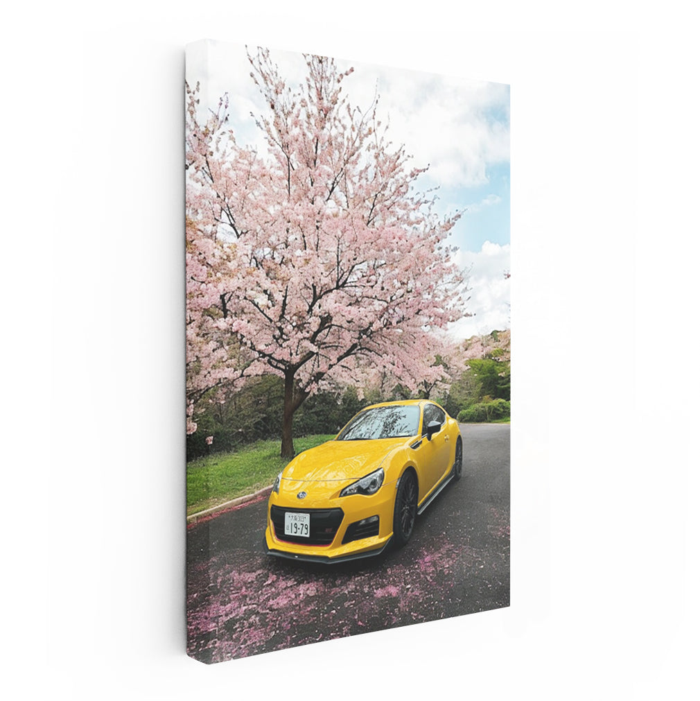 Yellow Subaru BRZ Beneath Cherry Blossoms - Sporty Elegance