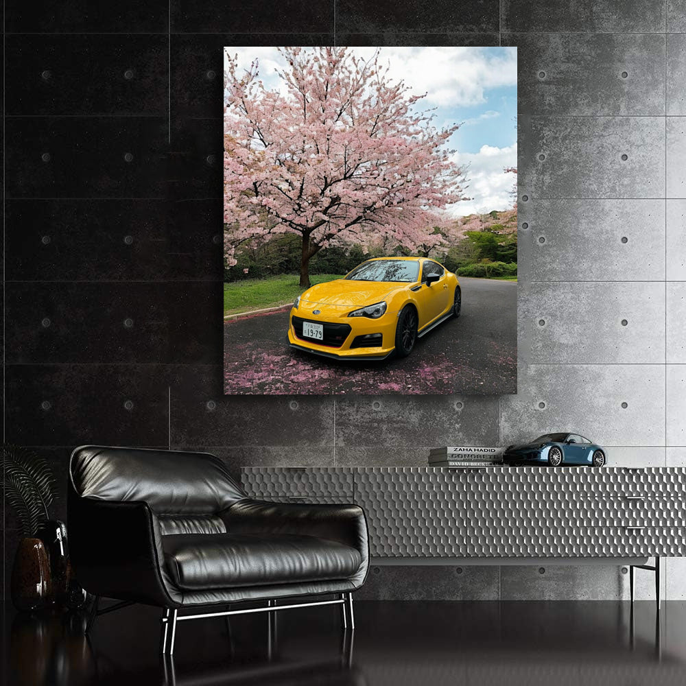 Yellow Subaru BRZ Beneath Cherry Blossoms - Sporty Elegance