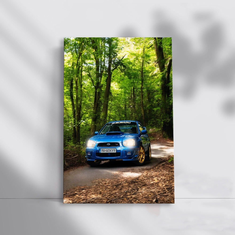 Blue Subaru WRX in Forest - Adventure Awaits