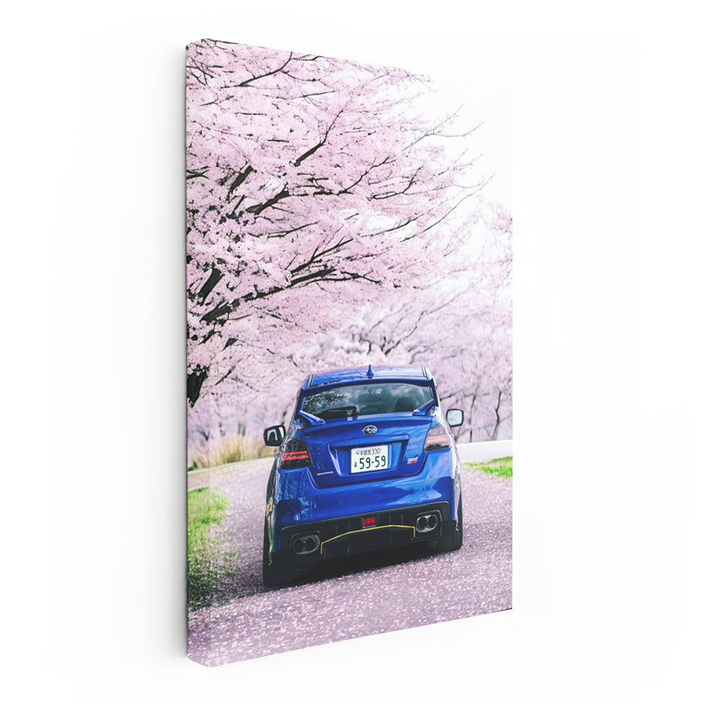 Subaru WRX in Blue Beneath Cherry Blossoms - Speed and Style