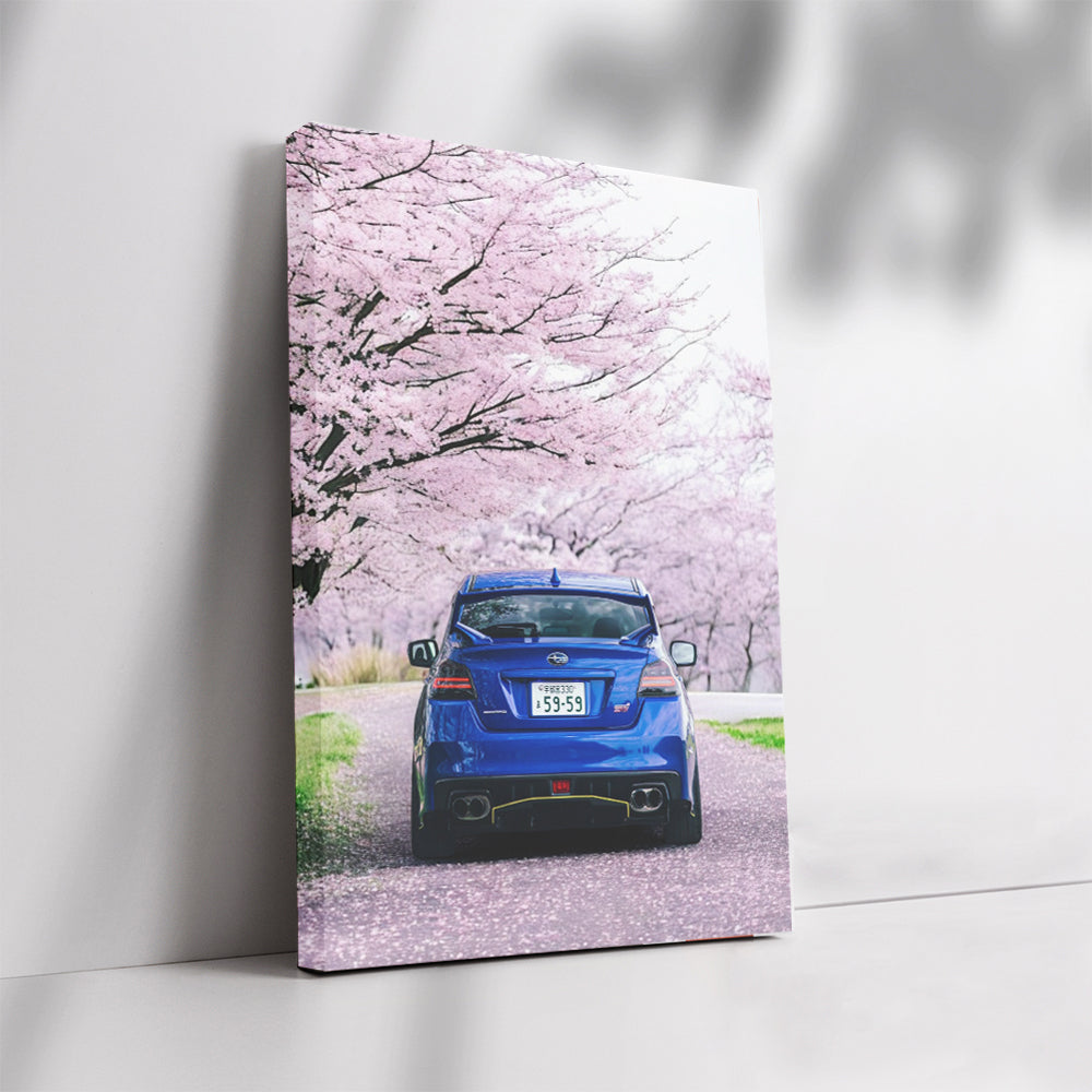 Subaru WRX in Blue Beneath Cherry Blossoms - Speed and Style