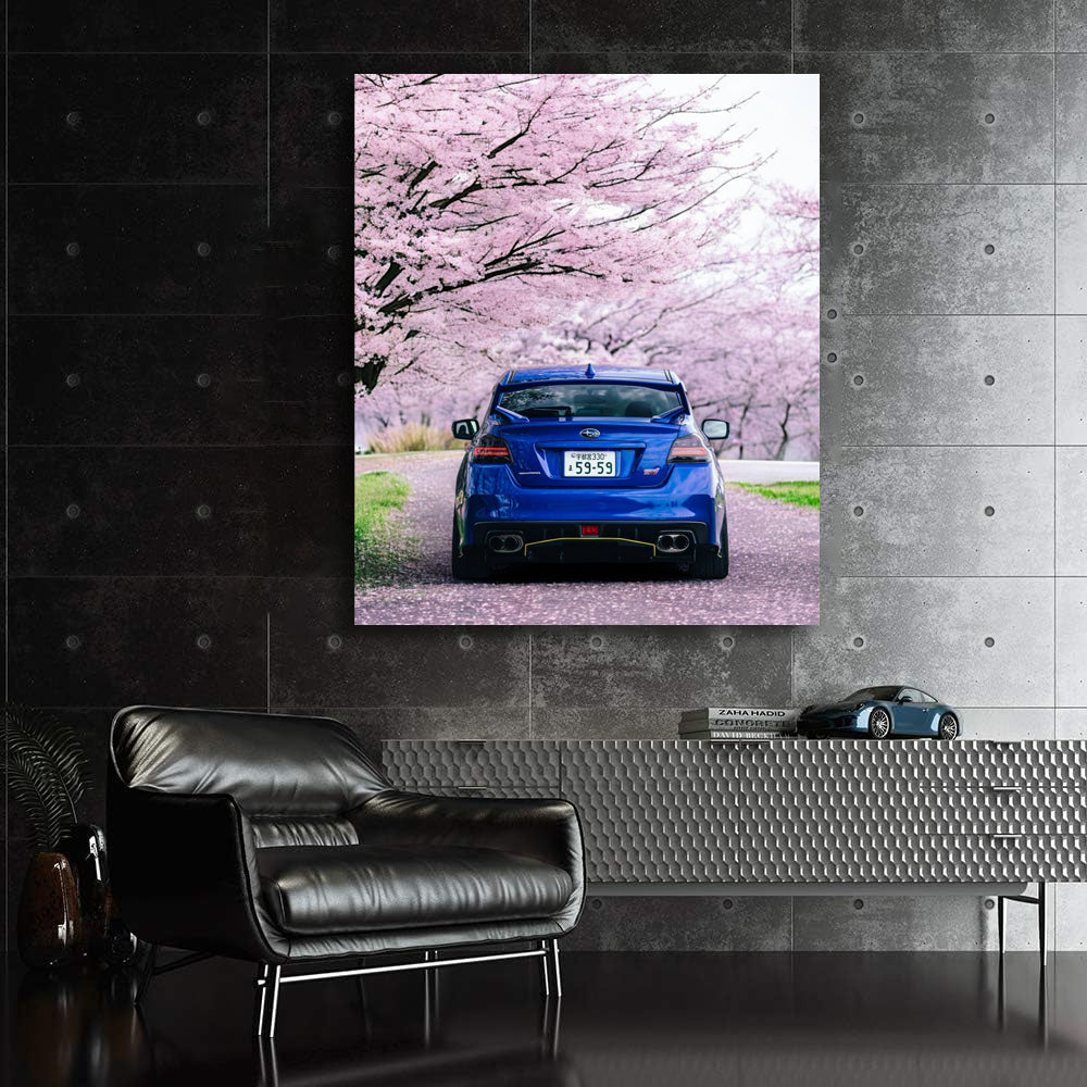 Subaru WRX in Blue Beneath Cherry Blossoms - Speed and Style