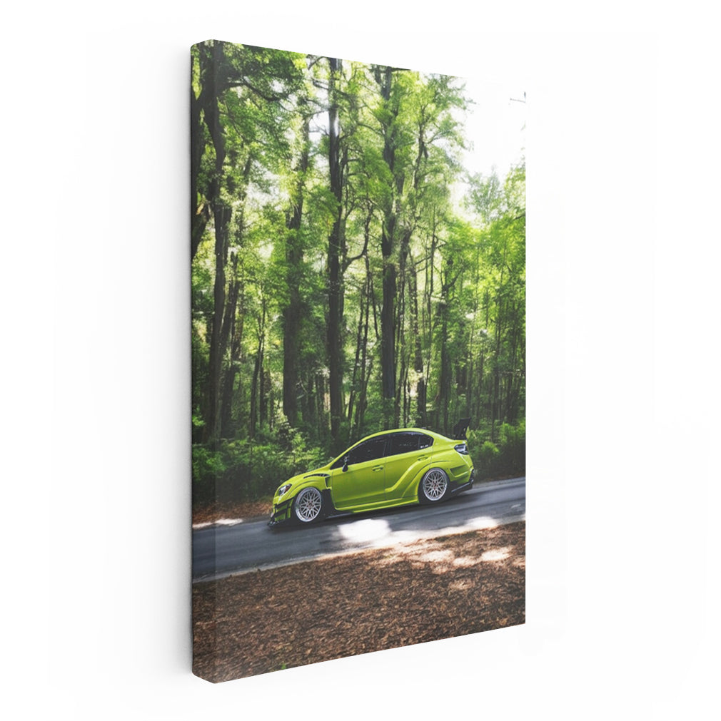 Green Subaru WRX Navigates Forest - Rugged and Adventurous