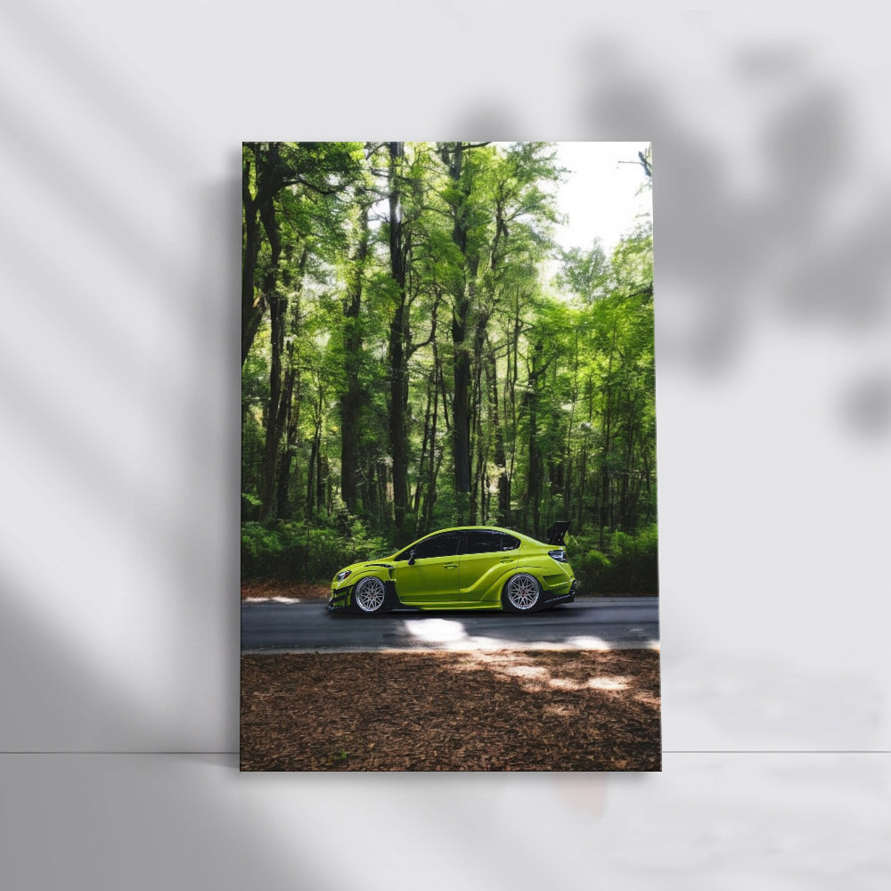 Green Subaru WRX Navigates Forest - Rugged and Adventurous