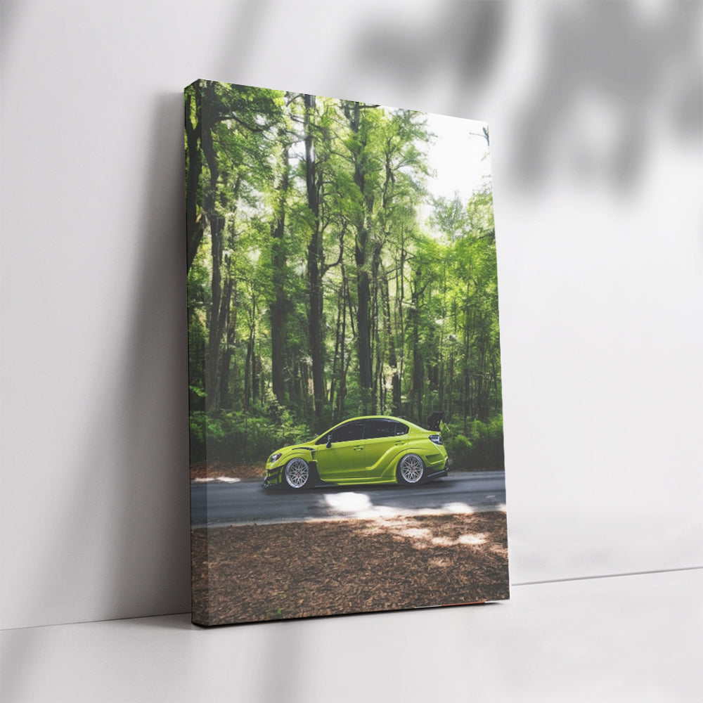 Green Subaru WRX Navigates Forest - Rugged and Adventurous