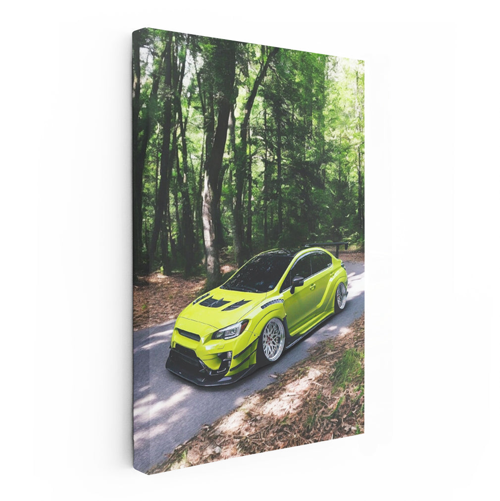 Subaru WRX in Green Navigates Forest Trails - Rugged Adventure