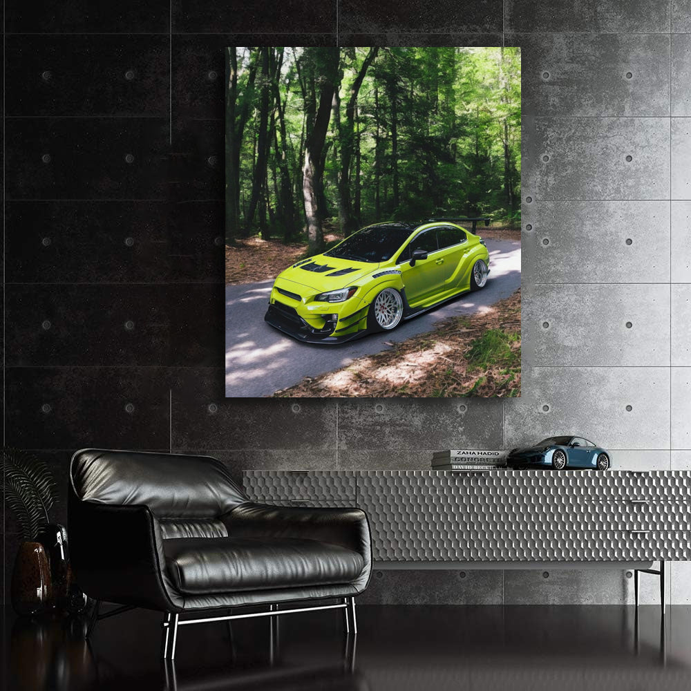 Subaru WRX in Green Navigates Forest Trails - Rugged Adventure
