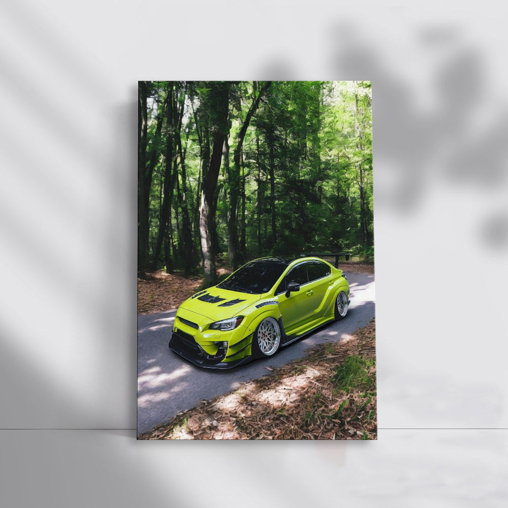 Subaru WRX in Green Navigates Forest Trails - Rugged Adventure
