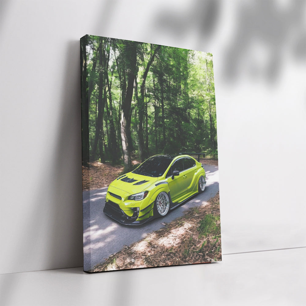 Subaru WRX in Green Navigates Forest Trails - Rugged Adventure