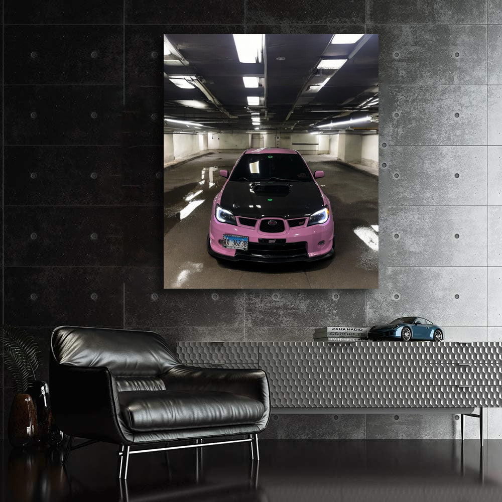 Pink Subaru WRX in Underground Parking - Bold and Sporty