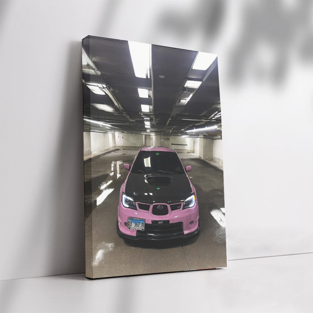 Pink Subaru WRX in Underground Parking - Bold and Sporty