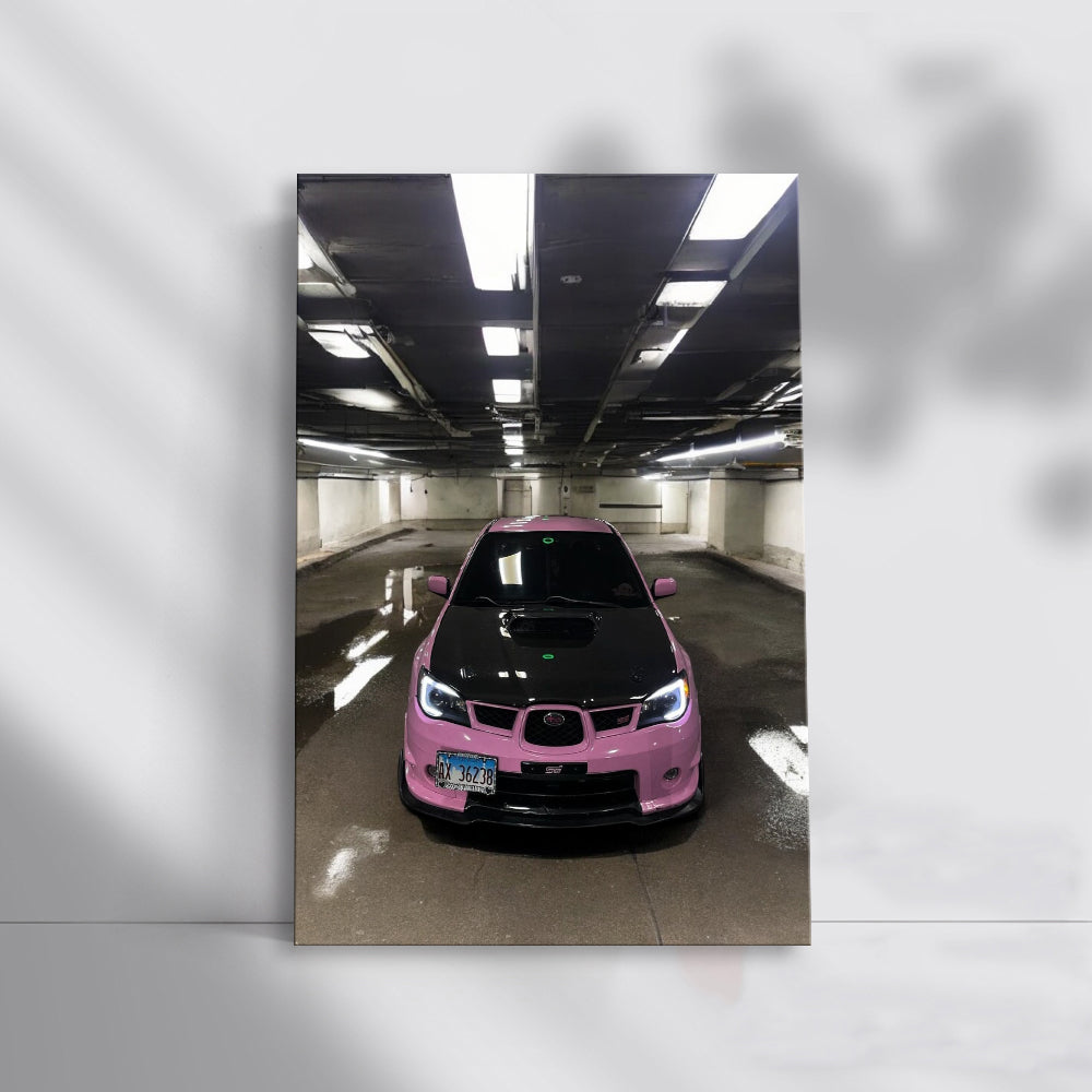 Pink Subaru WRX in Underground Parking - Bold and Sporty