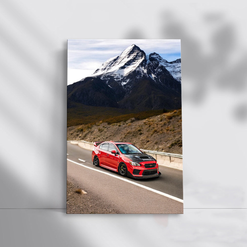 Subaru WRX in Red with Snowy Mountain Views - Bold Performance