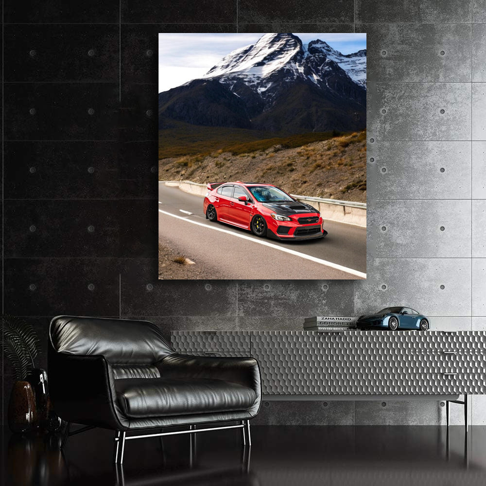 Subaru WRX in Red with Snowy Mountain Views - Bold Performance