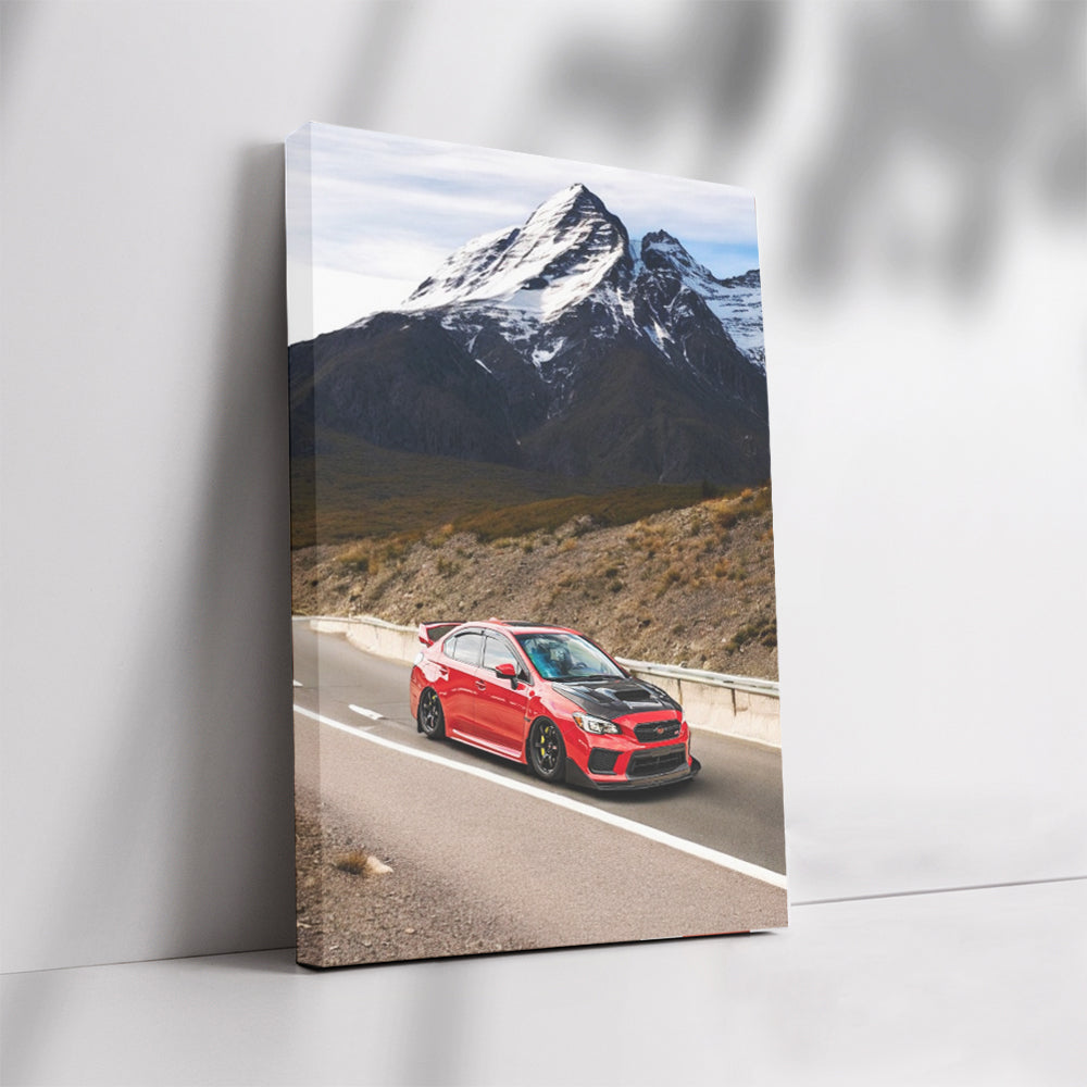 Subaru WRX in Red with Snowy Mountain Views - Bold Performance