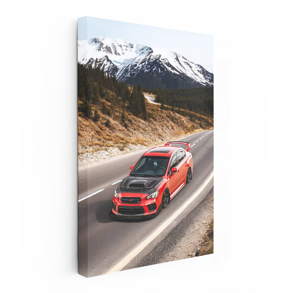 Red Subaru WRX in Snowy Mountains - Performance and Thrill