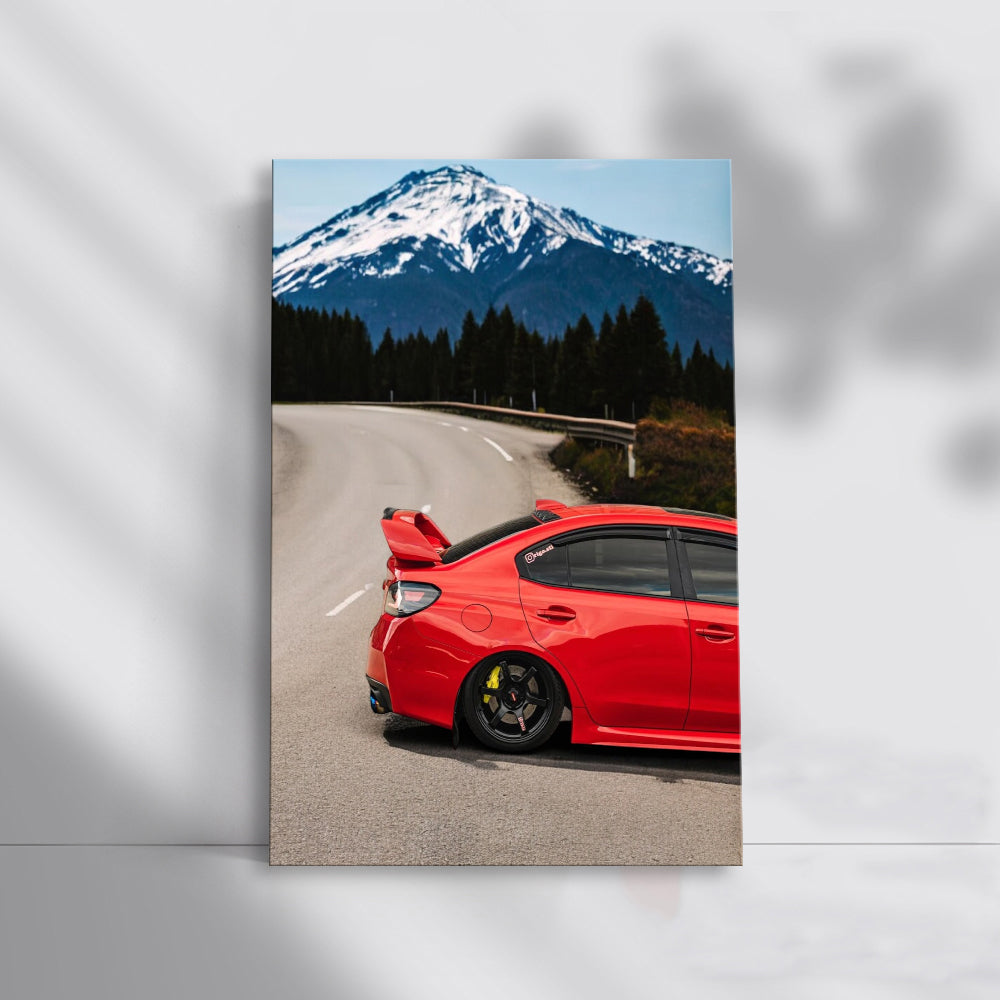 Subaru WRX in Red with Snowy Mountain Backdrop - Bold & Dynamic