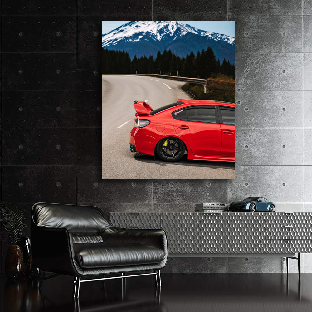 Subaru WRX in Red with Snowy Mountain Backdrop - Bold & Dynamic