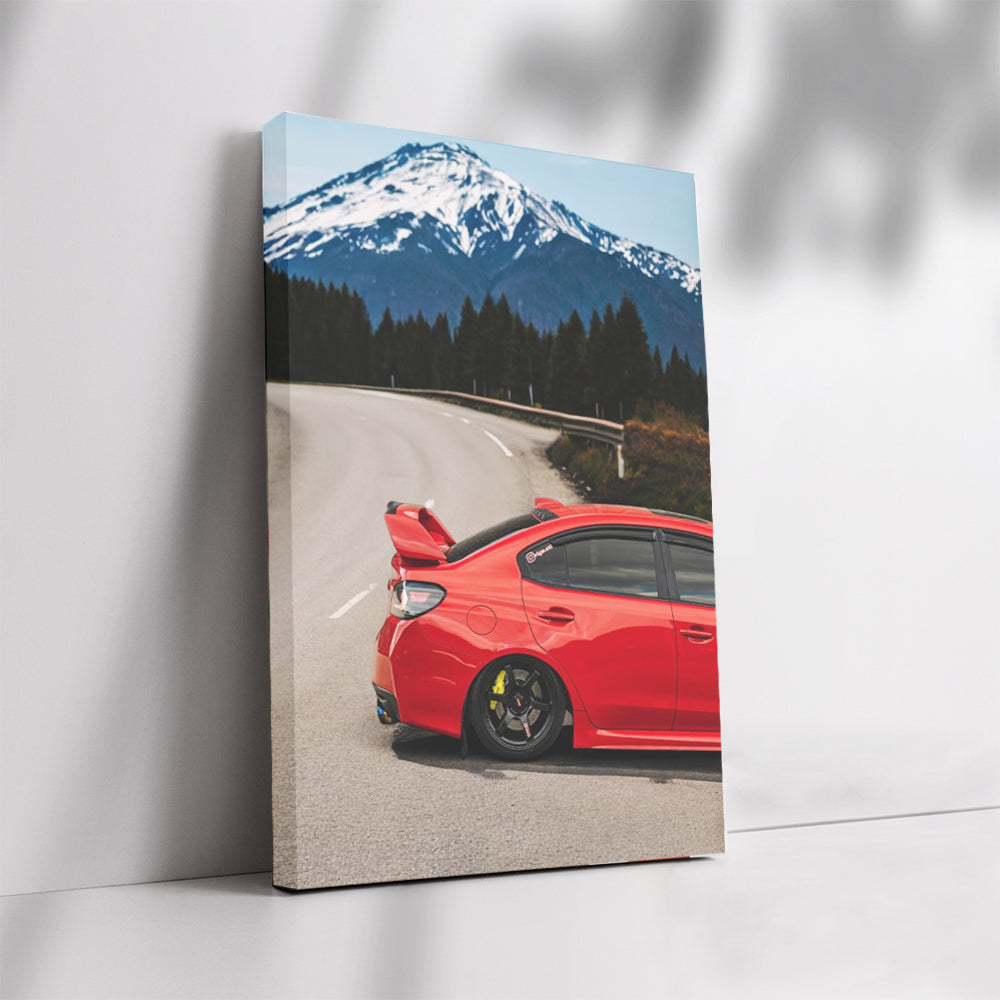 Subaru WRX in Red with Snowy Mountain Backdrop - Bold & Dynamic