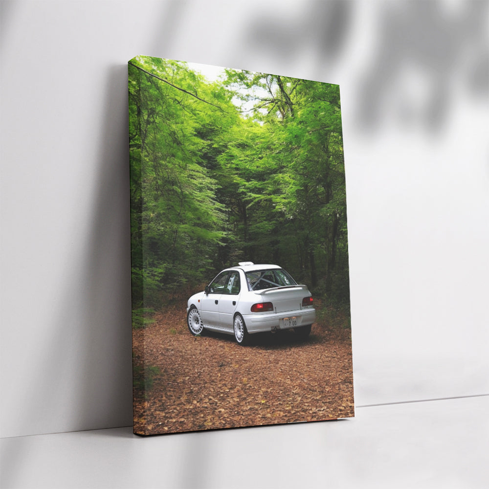 White Subaru WRX in Forest - Rugged Performance Icon
