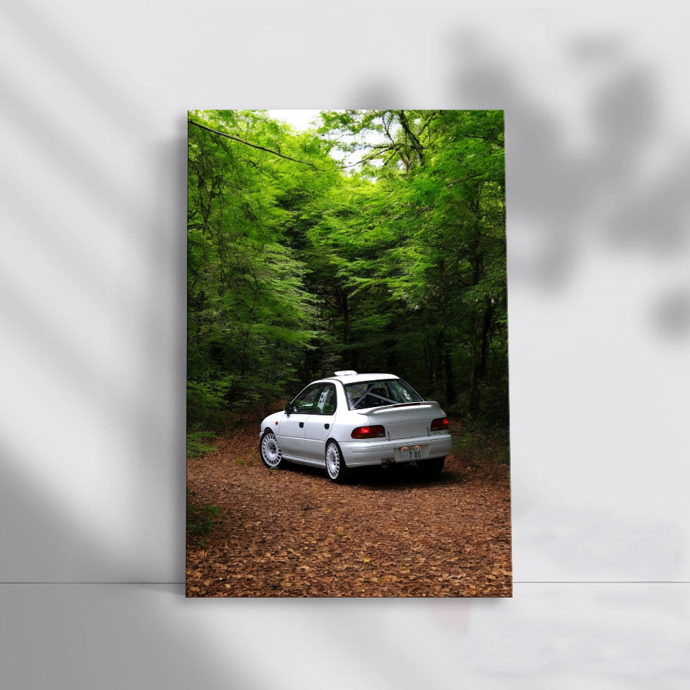 White Subaru WRX in Forest - Rugged Performance Icon