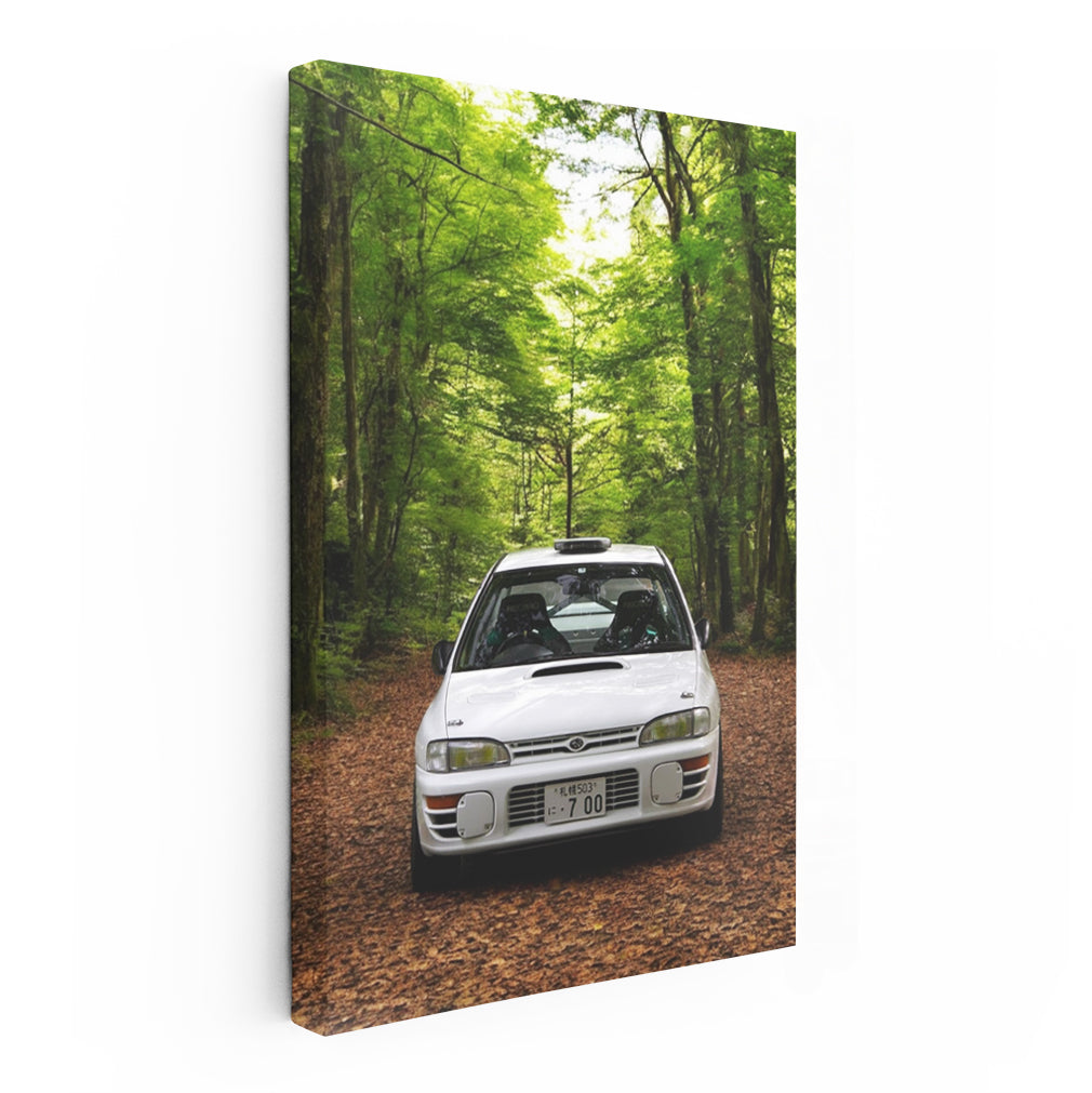 White Subaru WRX in Forest - Adventure Awaits