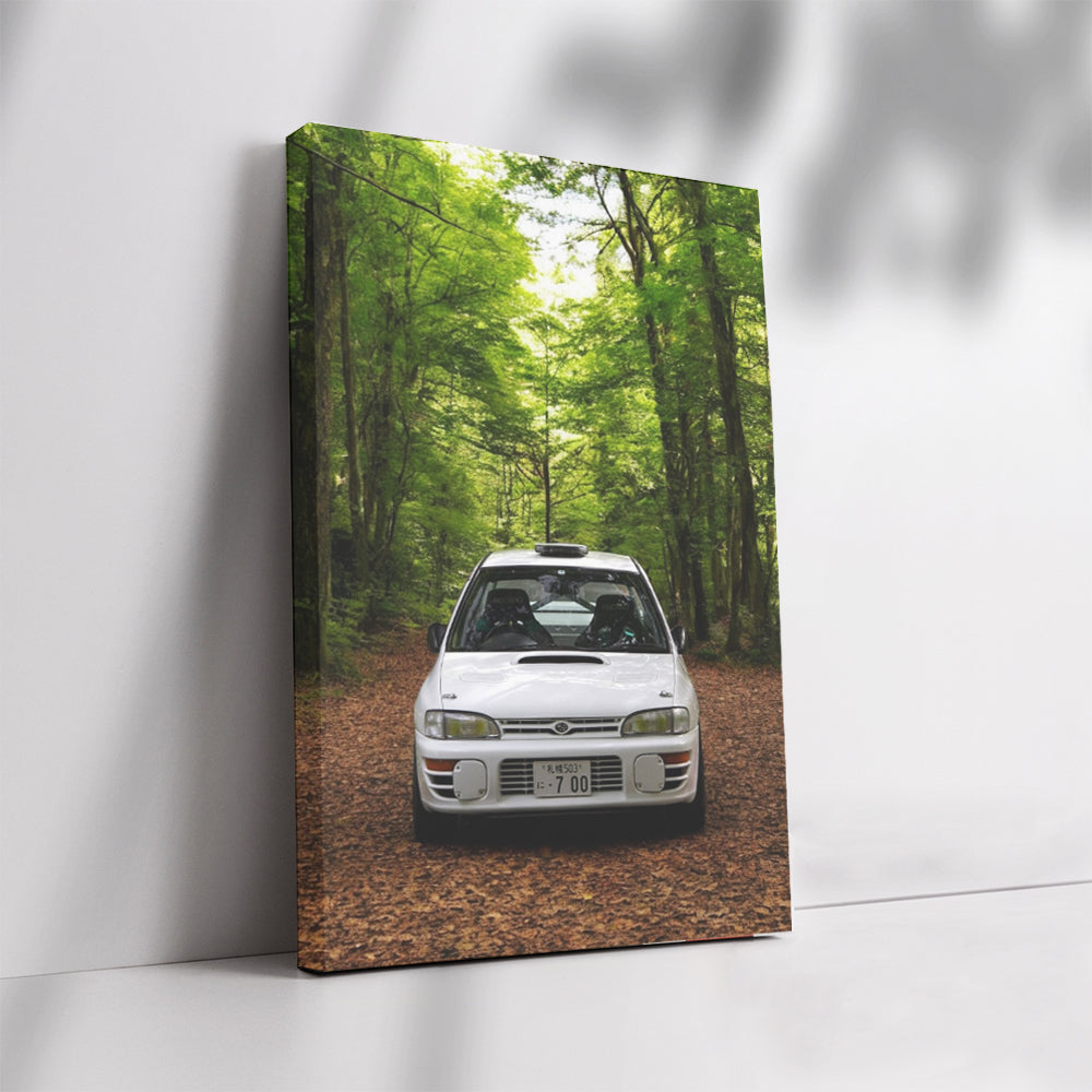 White Subaru WRX in Forest - Adventure Awaits