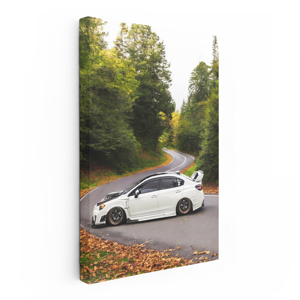 White Subaru WRX on Forest Road - Adventure Awaits