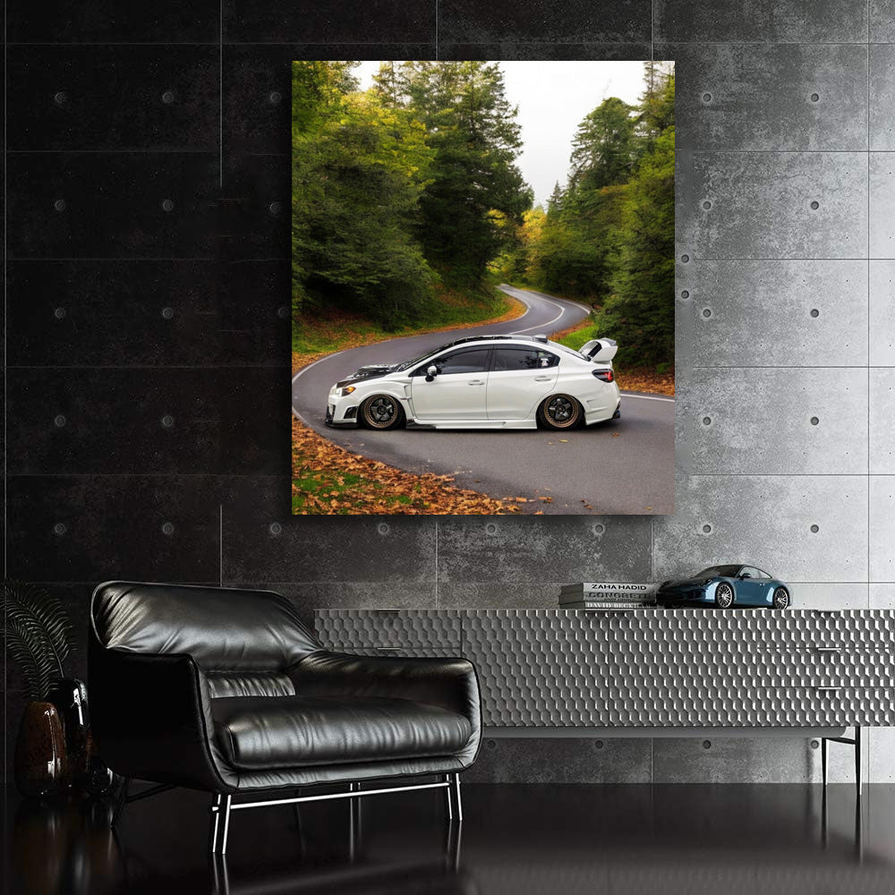 White Subaru WRX on Forest Road - Adventure Awaits