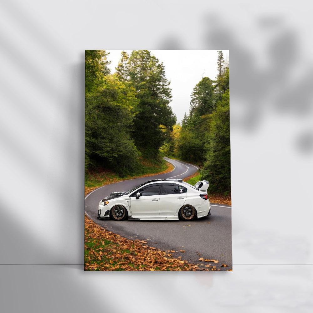 White Subaru WRX on Forest Road - Adventure Awaits