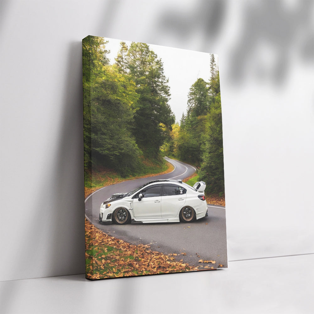 White Subaru WRX on Forest Road - Adventure Awaits
