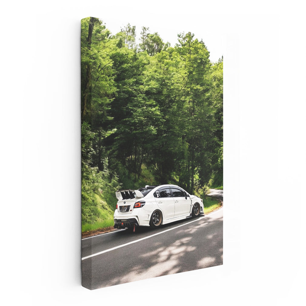 Subaru WRX White on Forest Road - Adventure Awaits