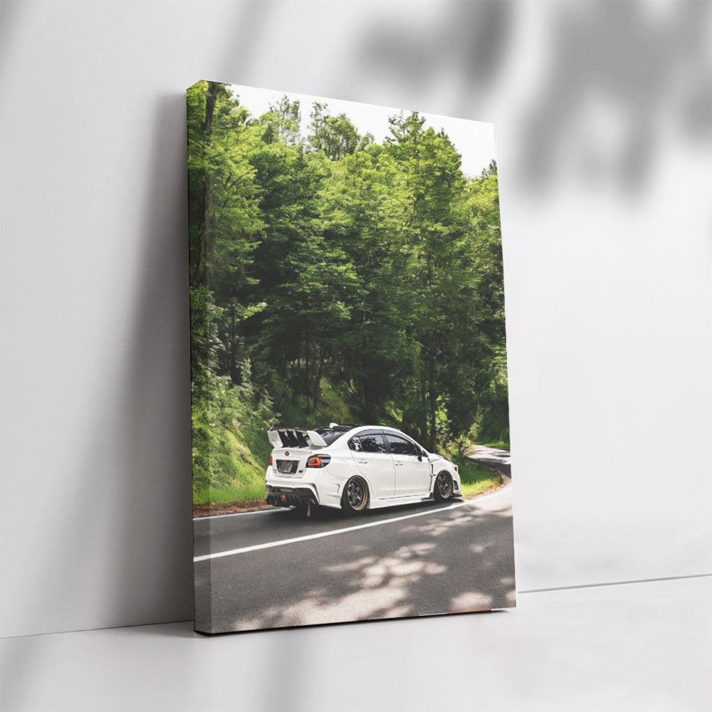 Subaru WRX White on Forest Road - Adventure Awaits