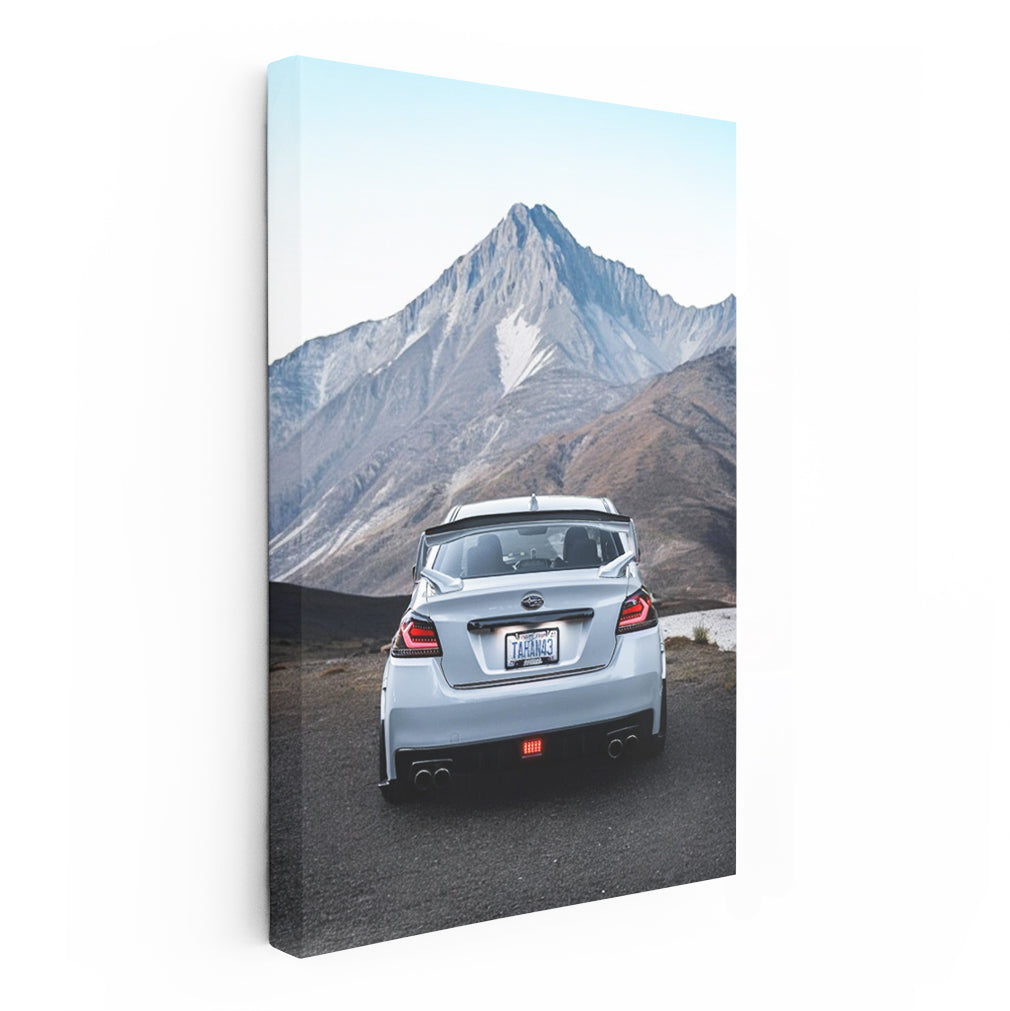 White Subaru WRX with Mountain Backdrop - Adventure Awaits