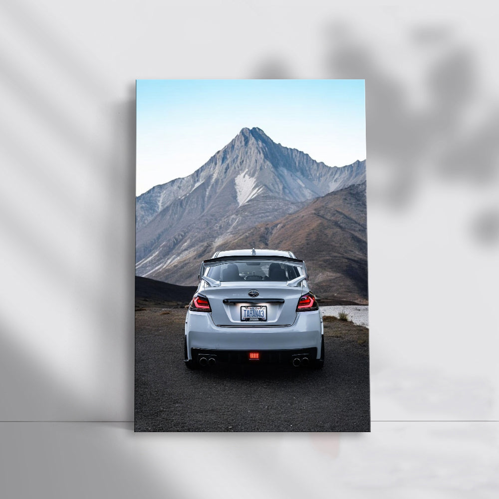 White Subaru WRX with Mountain Backdrop - Adventure Awaits