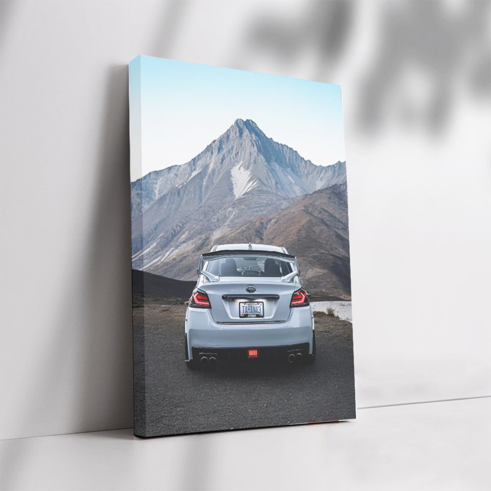 White Subaru WRX with Mountain Backdrop - Adventure Awaits