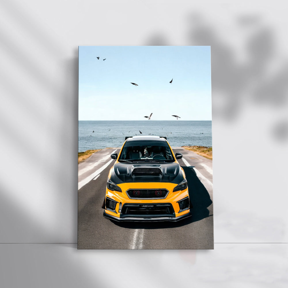 Subaru WRX in Yellow Beside Ocean - Dynamic and Powerful