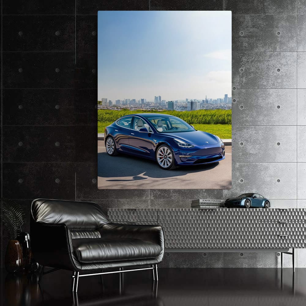Tesla Model 3 with City Skyline - Modern Innovation in Motion