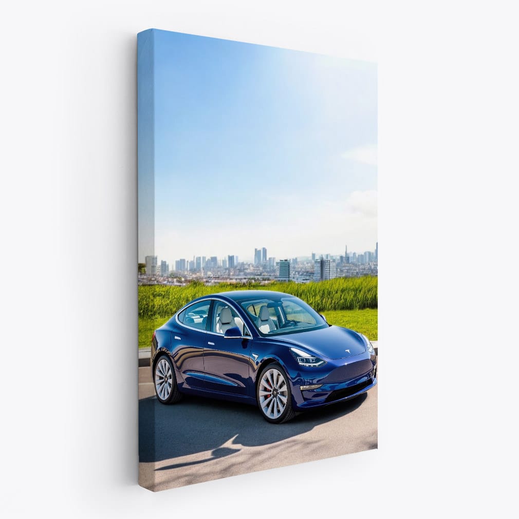 Tesla Model 3 with City Skyline - Modern Innovation in Motion