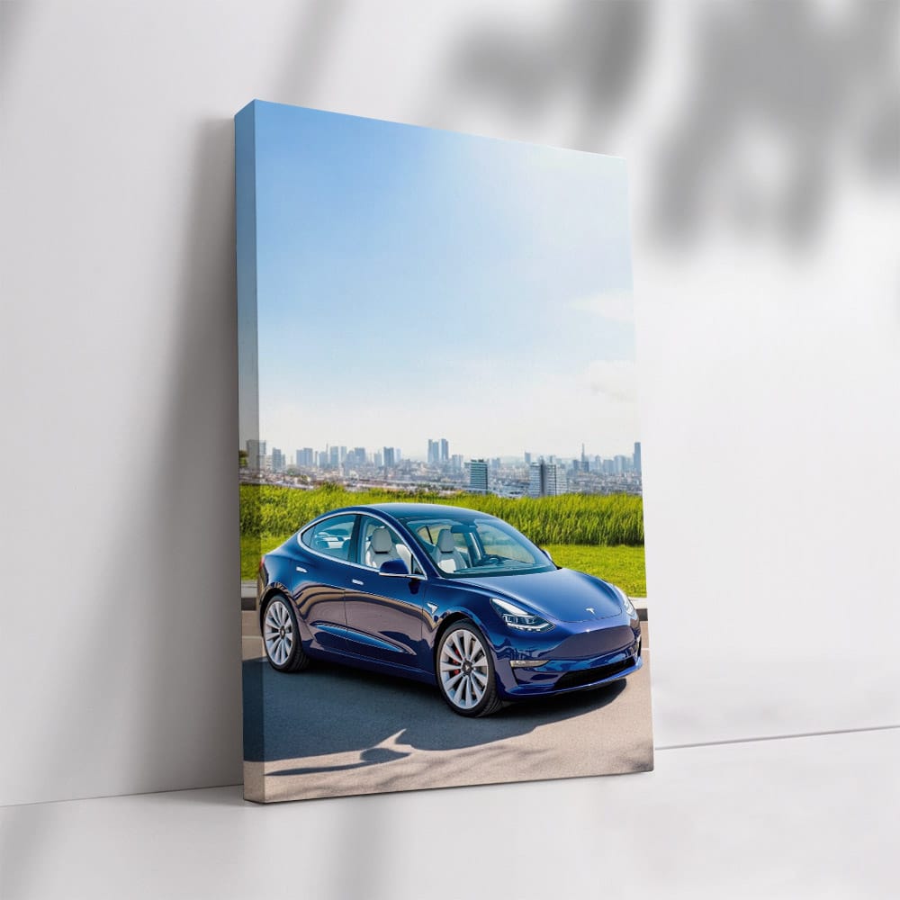 Tesla Model 3 with City Skyline - Modern Innovation in Motion