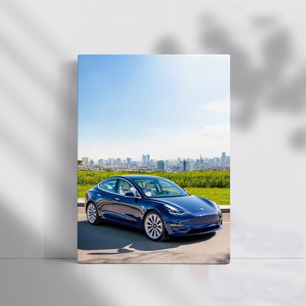 Tesla Model 3 with City Skyline - Modern Innovation in Motion