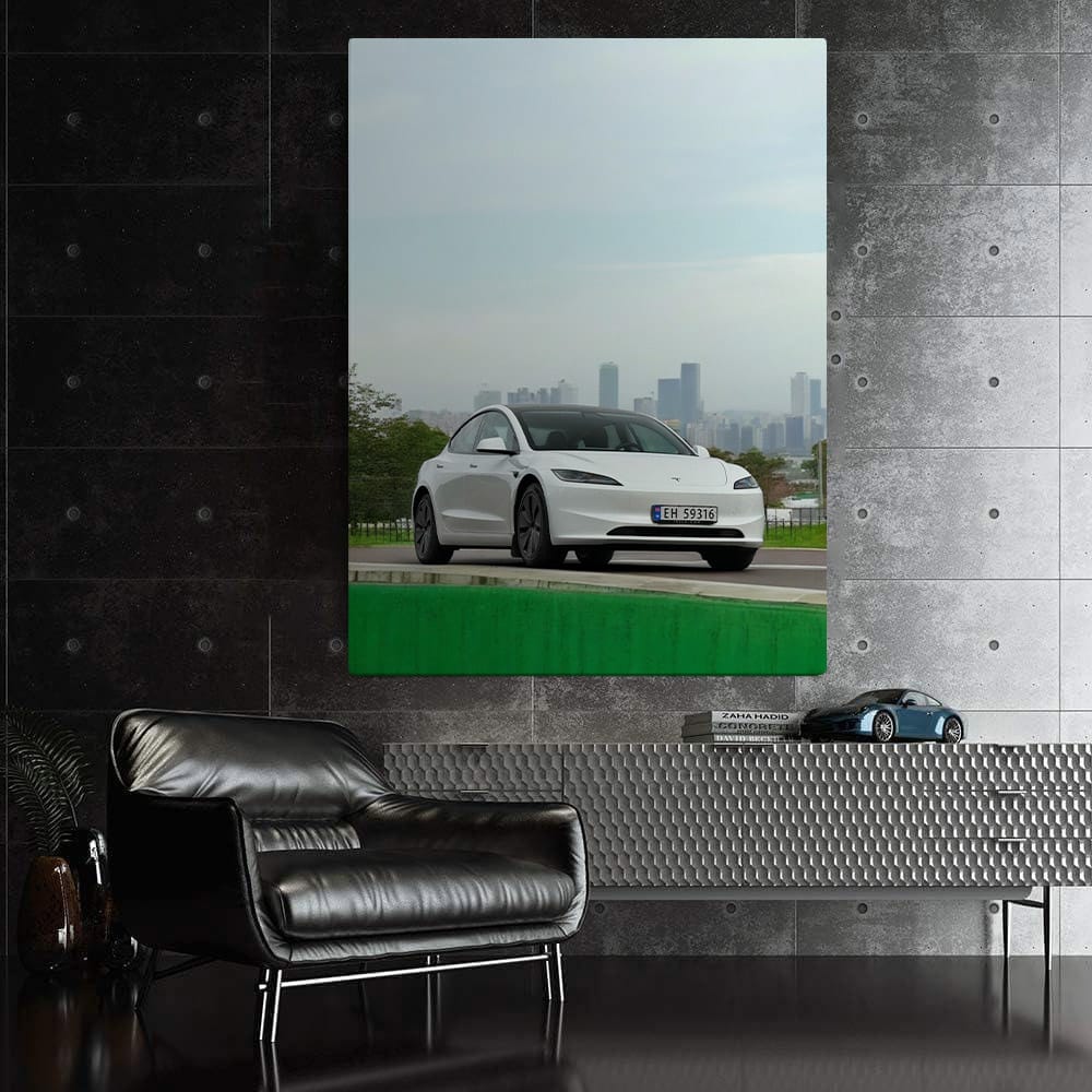 Tesla Model 3 with Urban Skyline - Innovation in Motion