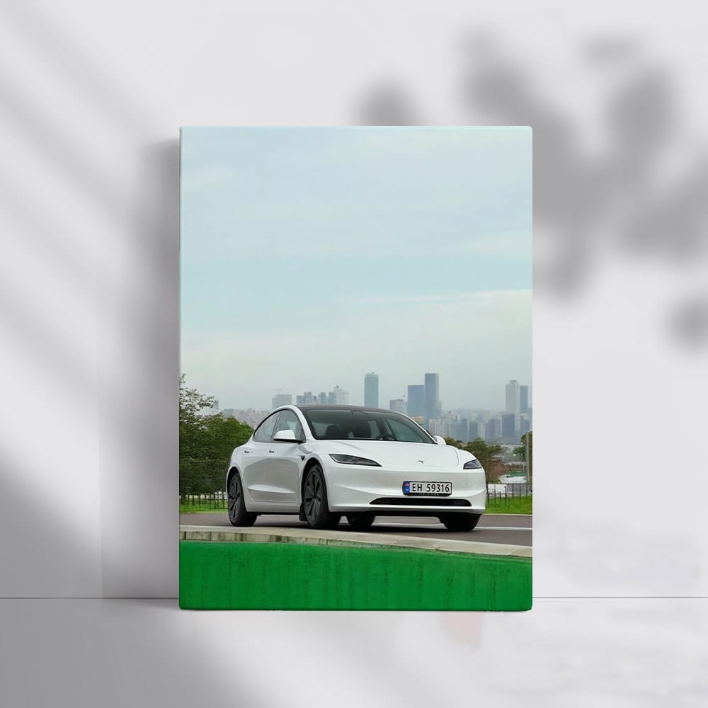 Tesla Model 3 with Urban Skyline - Innovation in Motion