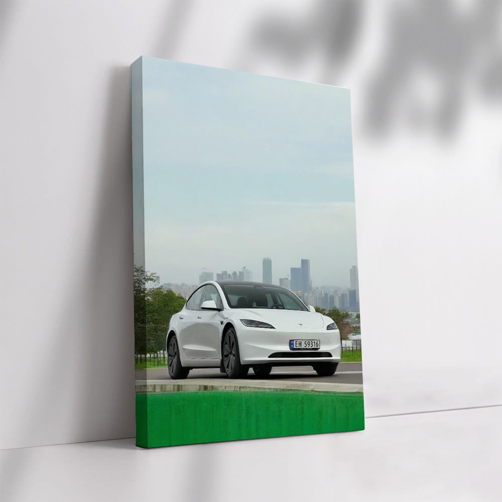 Tesla Model 3 with Urban Skyline - Innovation in Motion