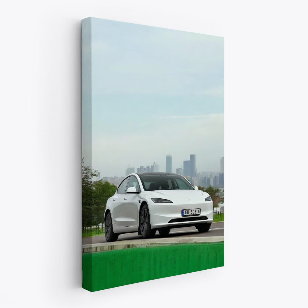 Tesla Model 3 with Urban Skyline - Innovation in Motion