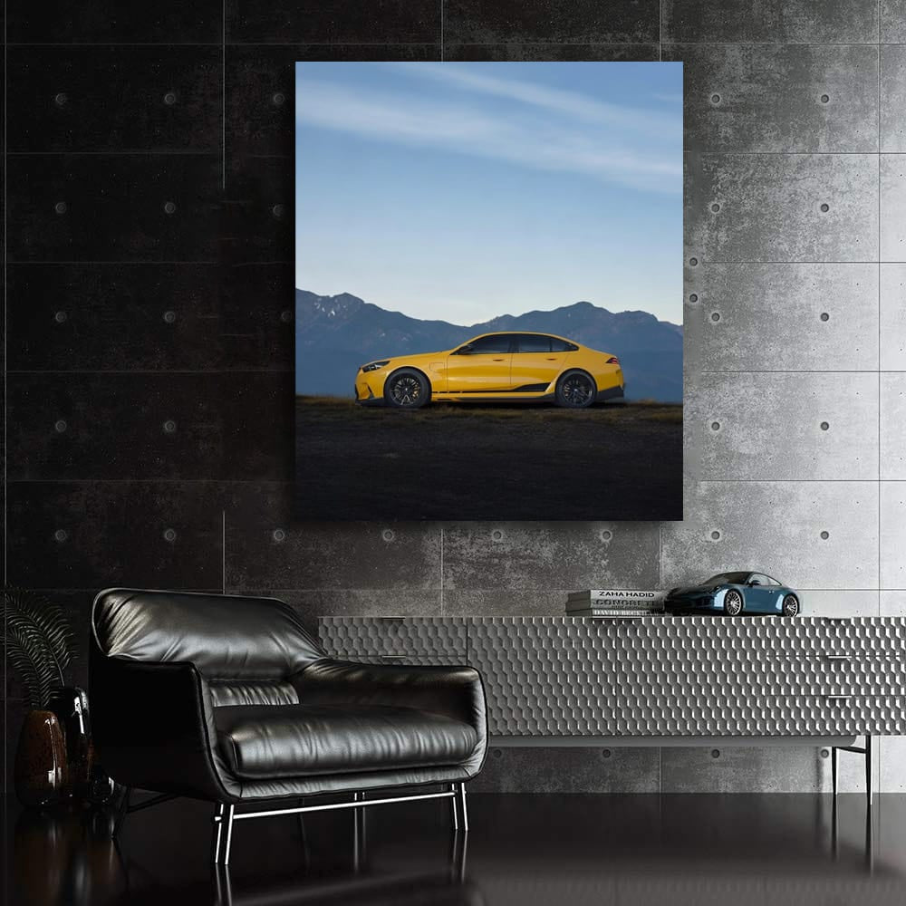 Yellow BMW M5 G90 Sedan in Mountains - Powerful Elegance