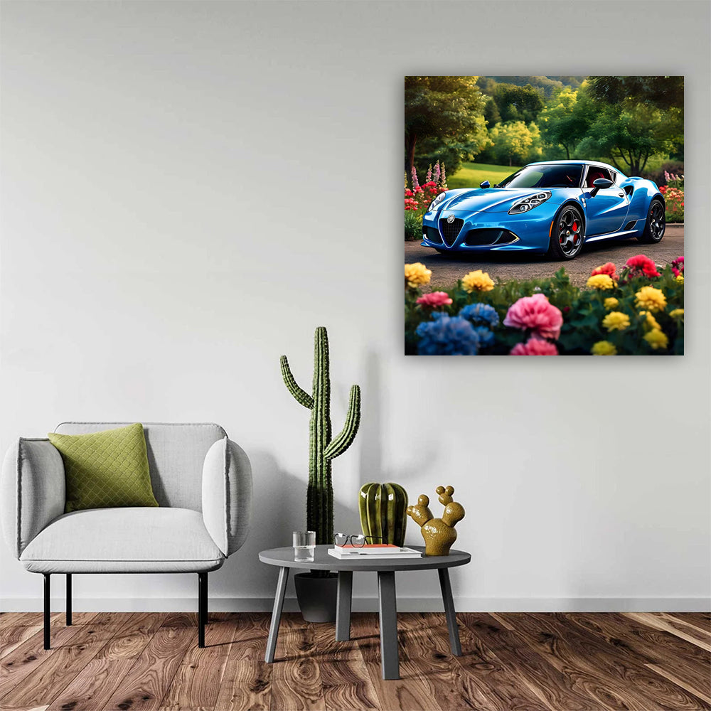 Alfa Romeo 4C in Blue Amidst Flowers - Elegance in Motion