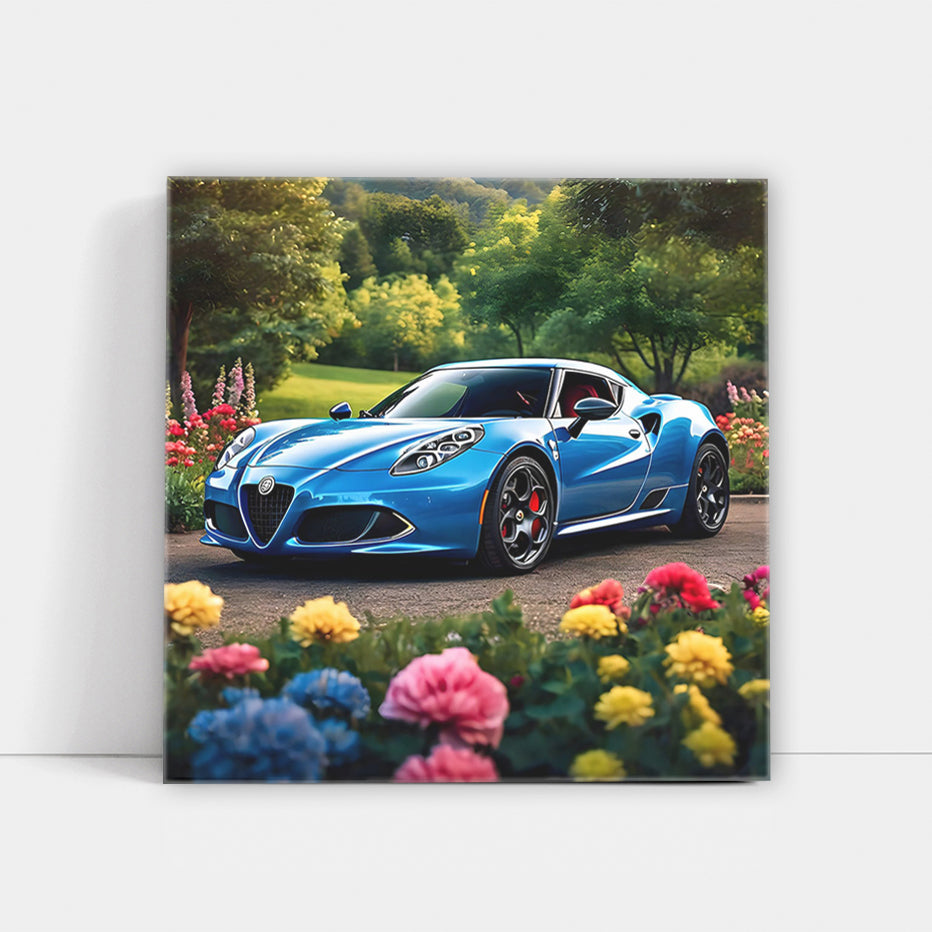 Alfa Romeo 4C in Blue Amidst Flowers - Elegance in Motion