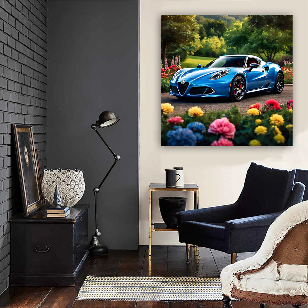 Alfa Romeo 4C in Blue Amidst Flowers - Elegance in Motion