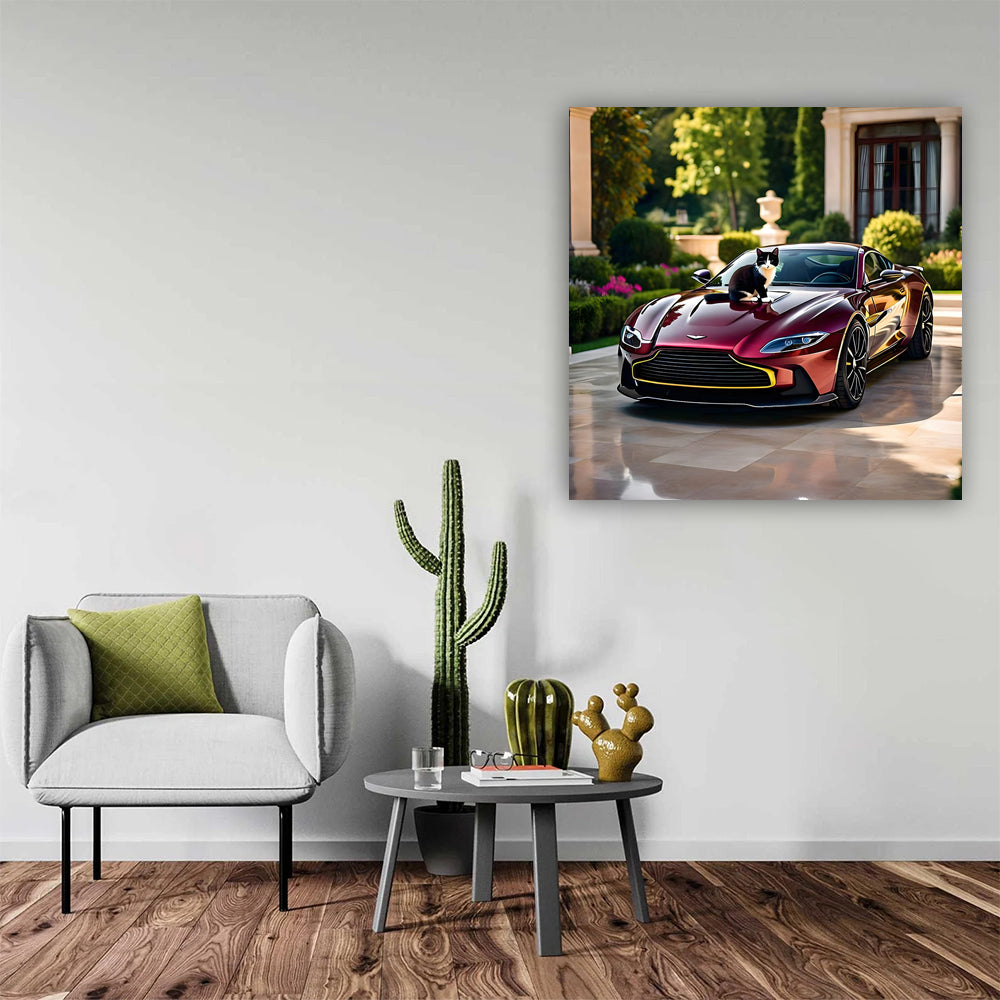 Burgundy Aston Martin Vantage with Cat - Elegance on Wheels